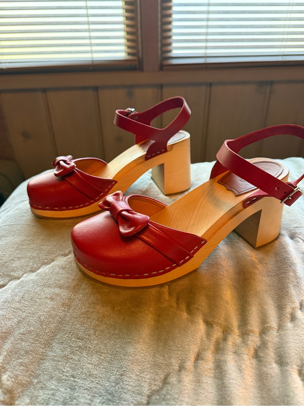Swedish Hasbeens Red Leather Bow Clog Sandals with Ankle Strap
